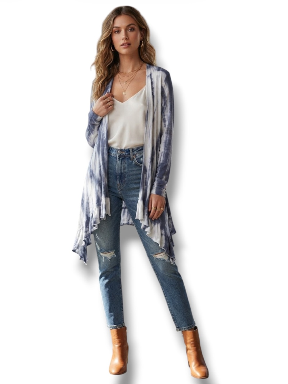 Francesca's Alya Tie Dye Open Front Cardigan Kimono Ruffle Hem Blue White Size M